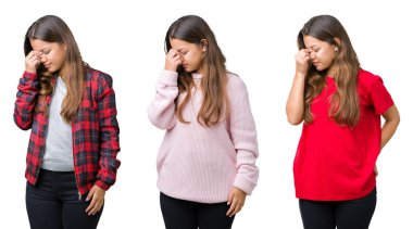 Kolaj izole arka burun ve göz yorgunluğu ve baş ağrısı duygu sürtünme yorgun güzel genç kadın. Stres ve hayal kırıklığı kavramı.