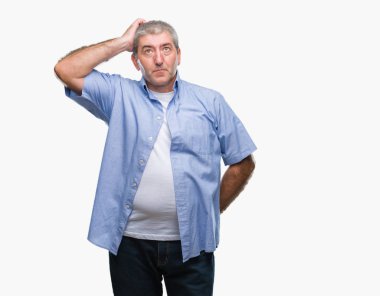 İzole arka plan üzerinde üst düzey yakışıklı yanıltır ve soru hakkında merak ediyorum. Şüphe, kafasına el ile düşünme ile belirsiz. Dalgın kavramı.