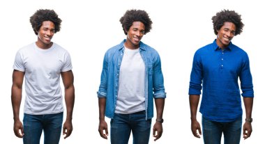 Afrikalı-Amerikalı genç gömleksiz adam ve iş adamı seksi bir ifadeyle, neşeli ve mutlu yüzünü kameraya bakarak göz kırpıyor izole arka plan üzerine kolaj.