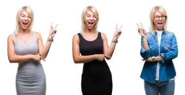 Mutlu yüz zafer işareti yaparken kameraya göz kırpıyor ile gülümseyen izole arka plan güzel sarışın kadın kolaj. İki numaralı.