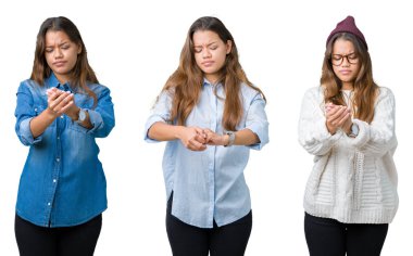 Güzel genç kadın izole arka plan elleri ve parmakları, artrit inflamasyon acı acı yüzünden kolaj