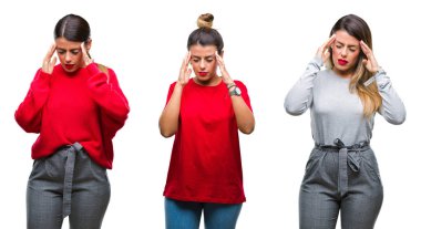 Genç güzel kadın kolaj izole arka plan baş baş ağrısı için el ile çünkü stres. Migren muzdarip.