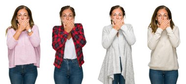 Kolaj üzerinde beyaz kış kazak giyen güzel orta yaş kadın bir arka plan ağız hata için elleriyle kapsayan şok izole. Gizli kavramı.