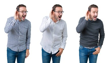 Yakışıklı üst düzey iş adamı bir işitme söylenti ya da dedikodu için dinleme kulak üzerinde el ile gülümseyen beyaz izole arka plan üzerinde kolaj. Sağırlık kavramı.