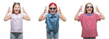 Arka plan deli kutluyor kolaj üzerinde güneş gözlüğü takmış genç küçük kız çocuğun izole ve crazy arms ile başarı için kaldırdı ve heyecanlı çığlık gözler kapalı. Kazanan kavramı