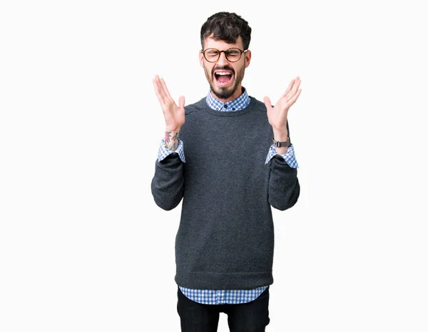 Young Handsome Smart Man Wearing Glasses Isolated Background Celebrating Mad — Stock Photo, Image