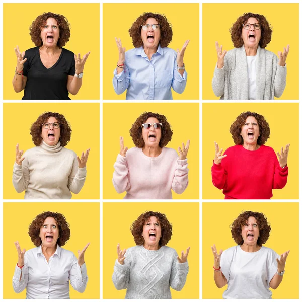 Collage Van Senior Vrouw Van Middelbare Leeftijd Gele Geïsoleerde Achtergrond — Stockfoto