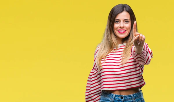 Junge Schöne Frau Lässige Streifen Winterpullover Über Isoliertem Hintergrund Zeigt — Stockfoto