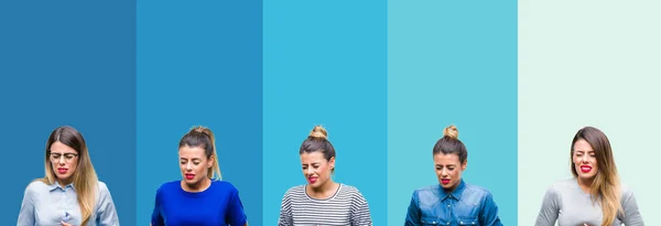 Collage Young Beautiful Woman Blue Stripes Isolated Background Hand Stomach — Stock Photo, Image