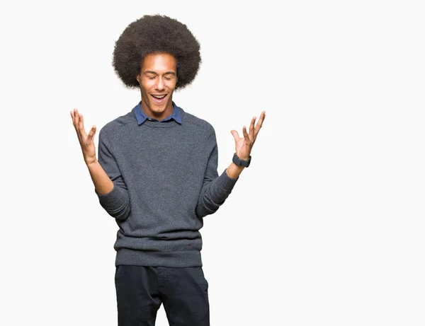 Jovem Homem Negócios Afro Americano Com Cabelo Afro Comemorando Louco — Fotografia de Stock