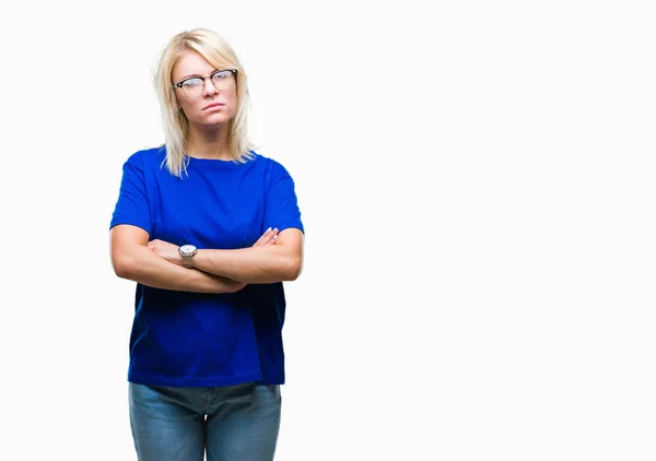 Giovane Bella Donna Bionda Con Gli Occhiali Sfondo Isolato Scettico — Foto Stock