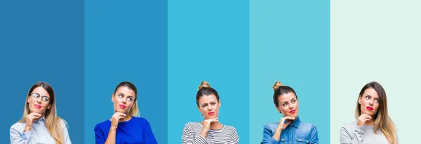 Collage Van Jonge Mooie Vrouw Blauwe Strepen Geïsoleerd Achtergrond Met — Stockfoto
