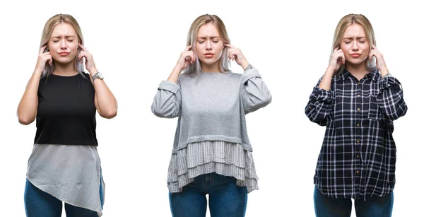 Collage Bella Bionda Giovane Donna Sfondo Isolato Che Copre Orecchie — Foto Stock