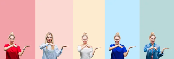 Collage Hermosa Mujer Rubia Sobre Rayas Colores Fondo Aislado Sorprendido — Foto de Stock