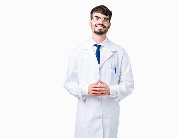 年轻的专业科学家男子穿着白色外套在孤立的背景手在一起和手指交叉微笑放松和愉快 成功和乐观 — 图库照片