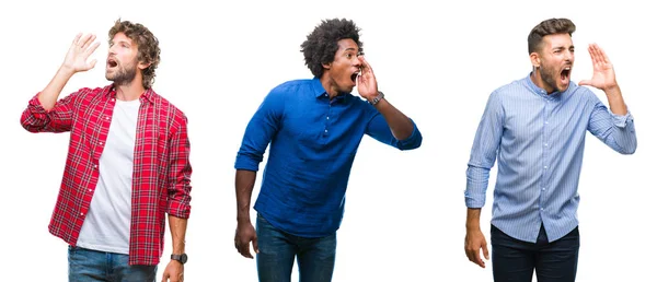 Afro Amerikan Spanyol Erkekler Bağırarak Ağzı Üzerinde Ile Yan Için — Stok fotoğraf