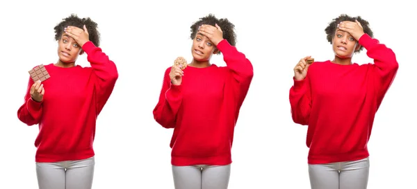 Collage Mujer Afroamericana Comiendo Galletas Con Chispas Chocolate Sobre Fondo —  Fotos de Stock