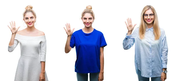 Collage Young Beautiful Blonde Woman Isolated Background Showing Pointing Fingers — Stock Photo, Image