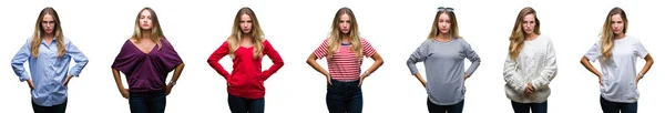 Collage Unga Vackra Blonda Kvinnan Över Isolerade Bakgrund Skeptiker Och — Stockfoto