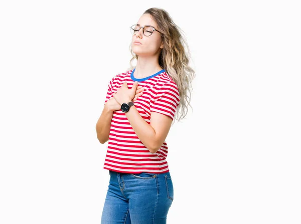 Bella Giovane Donna Bionda Che Indossa Occhiali Sfondo Isolato Sorridendo — Foto Stock