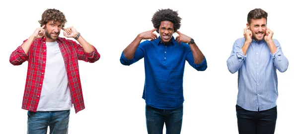 Collage Group African American Hispanic Men Isolated Background Covering Ears — Stock Photo, Image