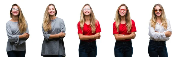 Collage Van Jonge Mooie Blonde Vrouw Geïsoleerde Achtergrond Blij Gezicht — Stockfoto