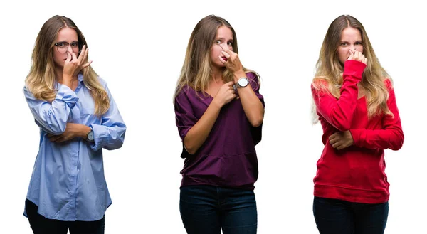 Collage Einer Jungen Schönen Blonden Frau Vor Isoliertem Hintergrund Die — Stockfoto