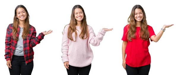 Colagem Bela Jovem Sobre Fundo Isolado Sorrindo Alegre Apresentando Apontando — Fotografia de Stock