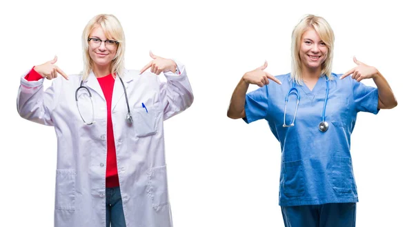 Collage Von Arzt Und Krankenschwester Vor Weißem Isoliertem Hintergrund Die — Stockfoto