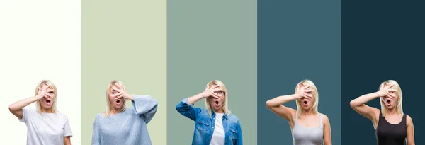 Collage Vacker Blond Kvinna Över Grön Vintage Isolerade Bakgrund Kikar — Stockfoto