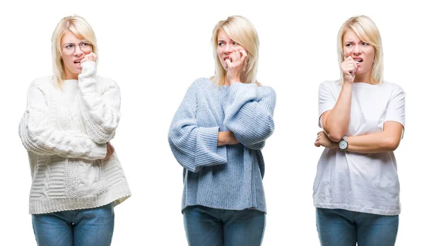 Collage Vacker Blond Kvinna Iförd Vinter Tröja Över Isolerade Bakgrund — Stockfoto