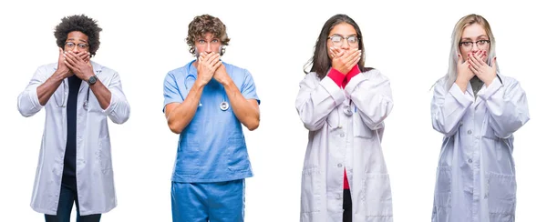 Collage Grupo Médicos Enfermeras Cirujanos Sobre Fondo Aislado Sorprendió Cubriendo — Foto de Stock