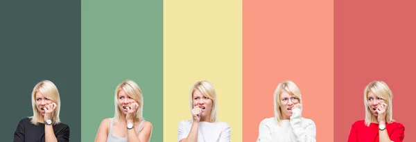 Collage Beautiful Blonde Woman Vintage Isolated Background Looking Stressed Nervous — Stock Photo, Image