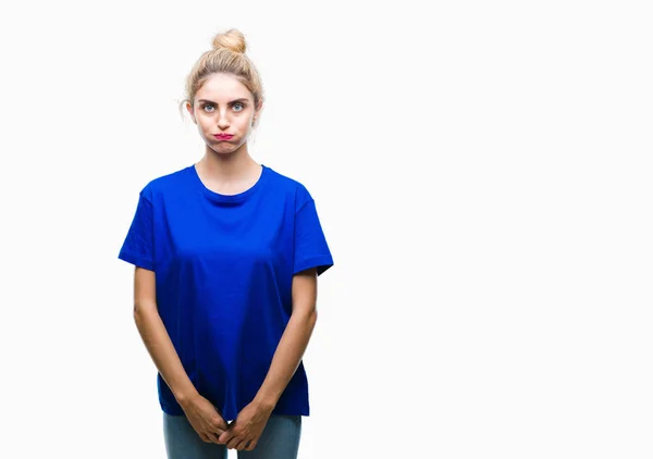 Jeune Belle Femme Aux Yeux Blonds Bleus Portant Shirt Bleu — Photo