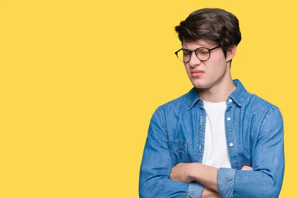 Homem Bonito Jovem Usando Óculos Sobre Fundo Isolado Cético Nervoso — Fotografia de Stock
