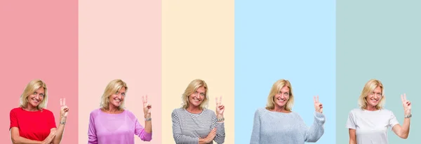 Collage Mediana Edad Anciano Hermosa Mujer Sobre Rayas Colores Fondo — Foto de Stock
