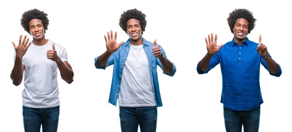 アフリカ系アメリカ人の若い上半身裸の男と孤立した背景表示と指で上向きにビジネスマンのコラージュ ナンバー 自信を持って 幸せな笑みを浮かべて — ストック写真