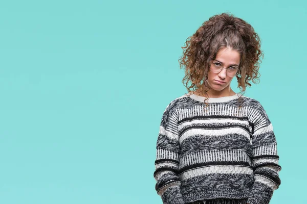 Mooie Brunette Krullend Haar Jong Meisje Met Bril Geïsoleerde Achtergrond — Stockfoto