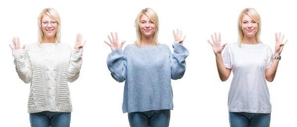 Collage Van Mooie Blonde Vrouw Dragen Winter Trui Geïsoleerde Achtergrond — Stockfoto