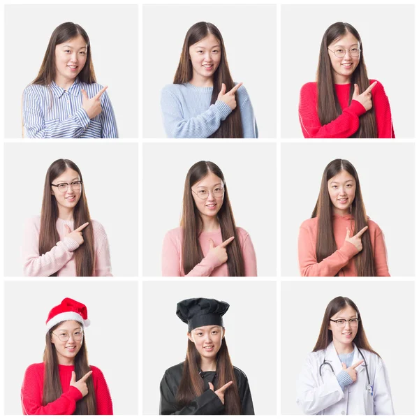 Collage of young doctor, chef asian woman isolated background cheerful with a smile of face pointing with hand and finger up to the side with happy and natural expression on face looking at the camera.