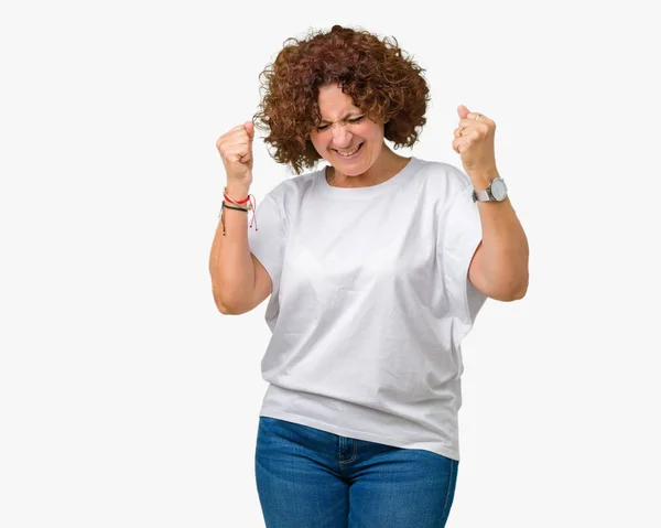 Mulher Sênior Meio Ager Bonita Vestindo Camiseta Branca Sobre Fundo — Fotografia de Stock