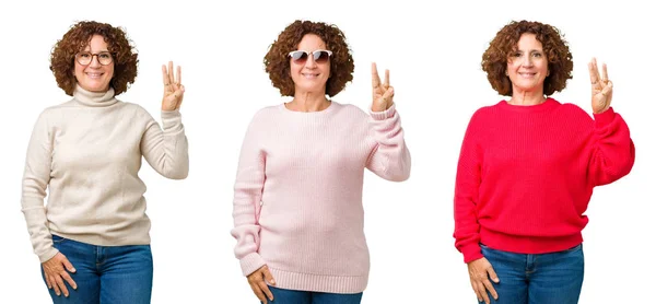 中年白い分離背景表示と指で上向きに冬のセーターを身に着けている年配の女性のコラージュは 自信を持って 幸せな笑みを浮かべている間 位します — ストック写真