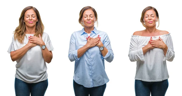 Collage Van Middelbare Leeftijd Latino Vrouw Geïsoleerde Achtergrond Glimlachend Met — Stockfoto