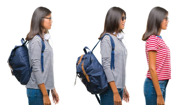 Collage of asian young student woman wearing headphones and backpack over white isolated background looking to side, relax profile pose with natural face with confident smile.