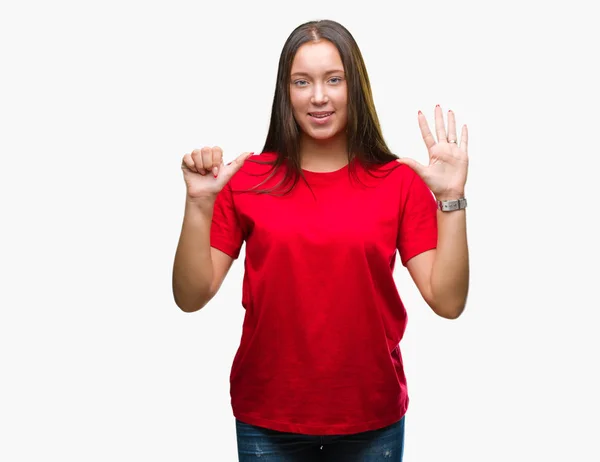 Genç Güzel Beyaz Kadın Gösterilen Parmakları Ile Işaret Izole Arka — Stok fotoğraf