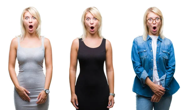 Collage Beautiful Blonde Woman Isolated Background Afraid Shocked Surprise Expression — Stock Photo, Image