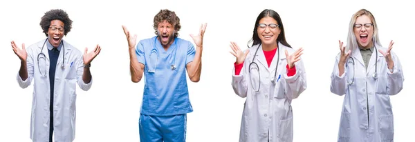 Collage Grupo Médicos Enfermeras Cirujanos Sobre Fondo Aislado Celebrando Locos — Foto de Stock