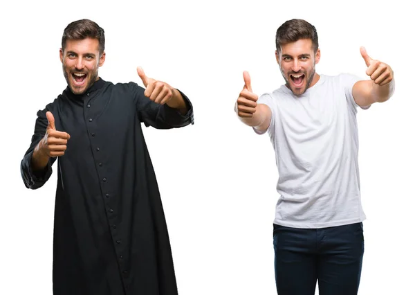 Коллаж Красивого Молодого Человека Католического Священника Изолированном Фоне Одобряющий Позитивный — стоковое фото