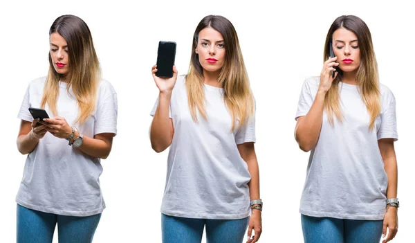 Collage Einer Jungen Schönen Frau Mit Smartphone Vor Isoliertem Hintergrund — Stockfoto