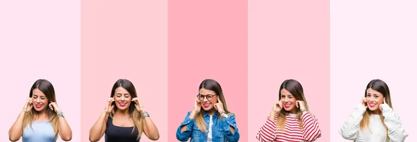 Collage Van Jonge Mooie Vrouw Geïsoleerde Achtergrond Roze Strepen Die — Stockfoto